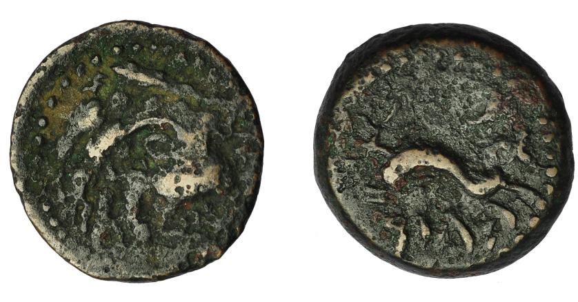 25   -  HISPANIA ANTIGUA. GADIR. Cuarto. A/ Cabeza de Melkart con leonté a izq., detrás clava. R/ Delfín con tridente a izq., mp'l/´gdr. AE 3,25 g. 17,3 mm. I-1356. ACIP-680. Pátina oscura con erosiones. BC+/MBC-. Muy rara.