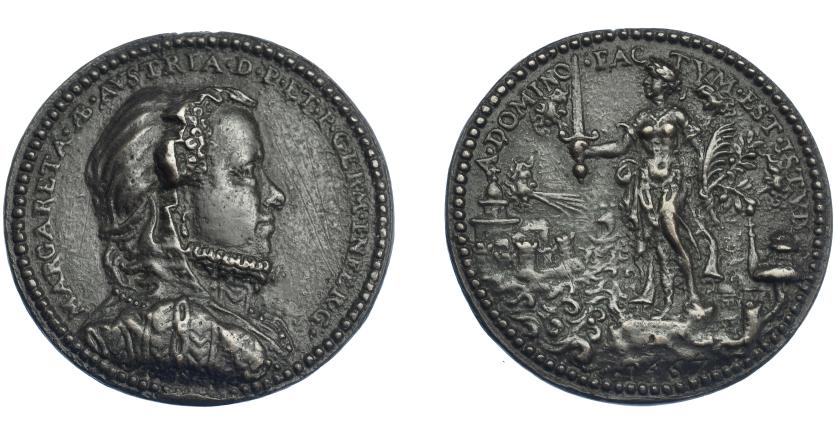 262   -  FELIPE II. Medalla de Margarita de Austria. 1567. Conmemora su partida a los Países Bajos. Grabador Giuliano Giannini. R/ A DOMINO FACTUM EST ISTUD. PB 34 mm. Fundición antigua. MBC. Rayas en anv.