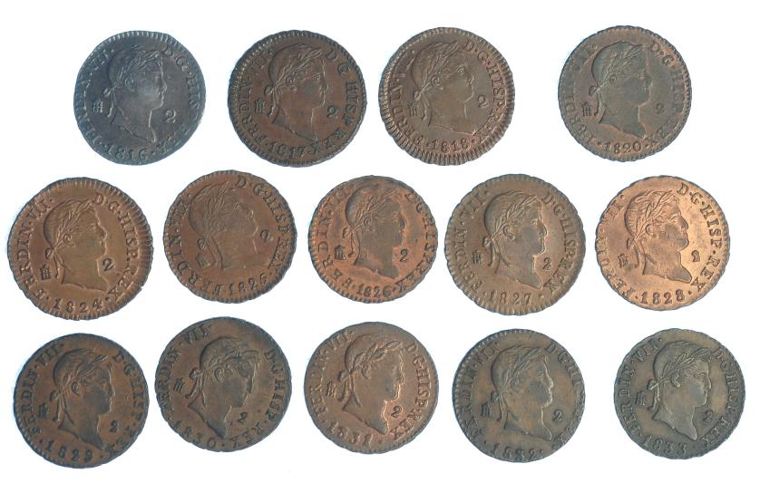 281   -  FERNANDO VII. Colección completa de 2 maravedís de Segovia, sin el error VII (1816-1833). Total 14 piezas, 8 de ellas con BO o RBO.