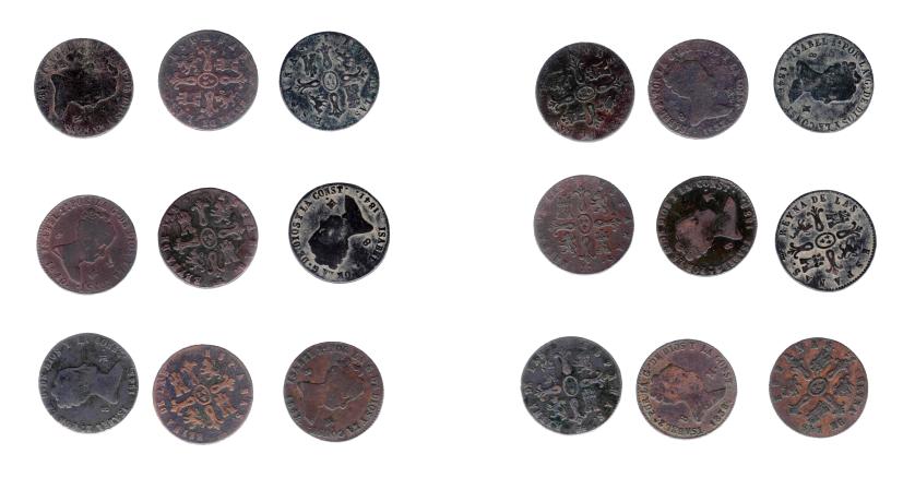 288   -  ISABEL II. Lote de 9 monedas de 8 maravedís. Jubia (1846, 1848 -2- y 1840), Segovia (1837, 1838 -2-, 1841 y 1848). DE BC+ a MBC-.