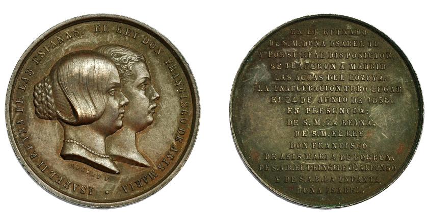291   -  ISABEL II. Medalla. 1858. Inauguración del Canal de Lozoya. Firma BOUVET. AE 26,3 mm. MPN-695. EBC-.
