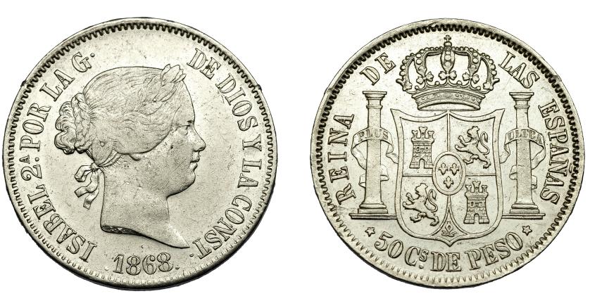 298   -  ISABEL II. 50 centavos de peso. 1868. Manila. MBC.
