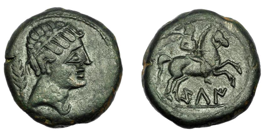 30   -  HISPANIA ANTIGUA. KILI. Unidad. A/ Cabeza masculina diademada a der. con manto y fíbula, detrás palma. R/ Jinete con palma a der., debajo ley. ibérica KiLI. AE 17,46 g. 27,59 mm. I-1388. ACIP-2058. Pátina oscura. MBC. Escasa.  