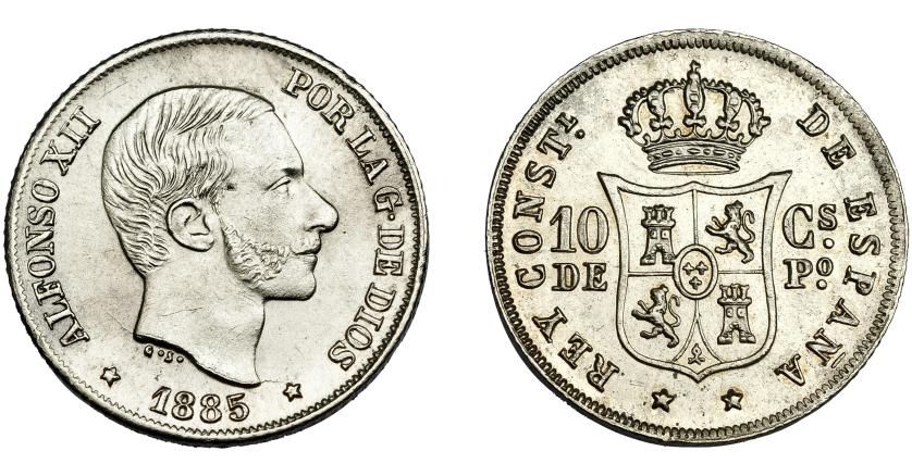 303   -  ALFONSO XII. 10 centavos de peso. 1885. Manila. VII-56. EBC.