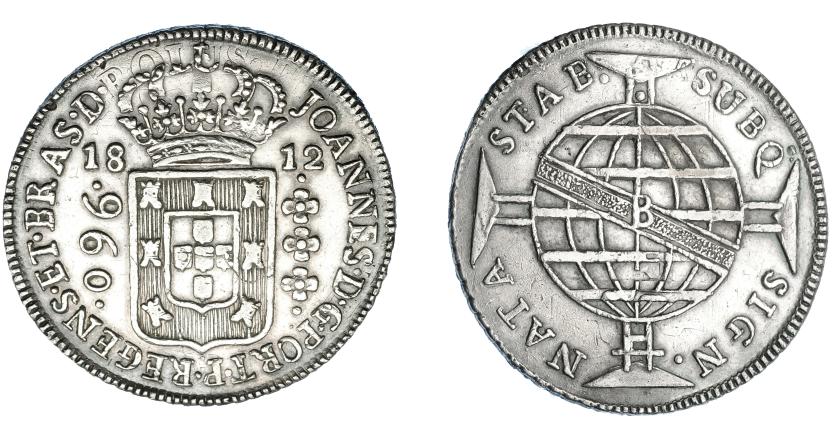 317   -  MONEDAS EXTRANJERAS. BRASIL. 960 Reis. 1812 (B). Reacuñados sobre 8 reales de Carlos IV. KM-307.1. MBC.