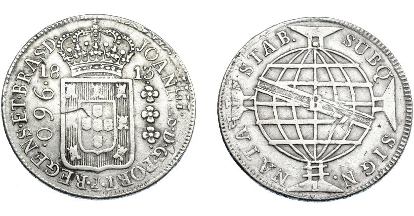 318   -  MONEDAS EXTRANJERAS. BRASIL. 960 Reis. 1813 (B). Reacuñados sobre 8 reales de Carlos IV. KM-307.1. MBC-.