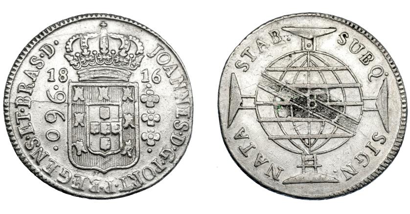 323   -  MONEDAS EXTRANJERAS. BRASIL. 960 Reis. 1816 (B). Reacuñados sobre 8 reales, sin datos visibles. MBC.