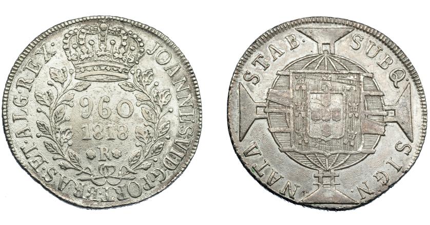 326   -  MONEDAS EXTRANJERAS. BRASIL. 960 Reis. 1818 (R). Reacuñados sobre 8 reales, sin datos visibles. KM-326.1. MBC.