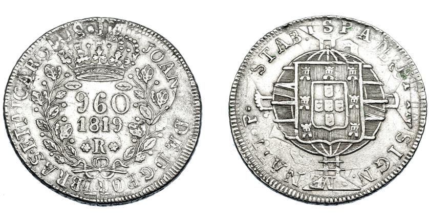 328   -  MONEDAS EXTRANJERAS. BRASIL. 960 Reis. 1819 (R). Reacuñados sobre 8 reales de Carlos IV de Lima (JP). Nombre y ordinal del rey completos. KM-326.1. MBC-. 