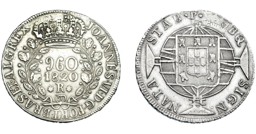 330   -  MONEDAS EXTRANJERAS. BRASIL. 960 Reis. 1820 (R). Reacuñados sobre 8 reales de Fernando VII de Lima (JP). KM-326.1. MBC. 