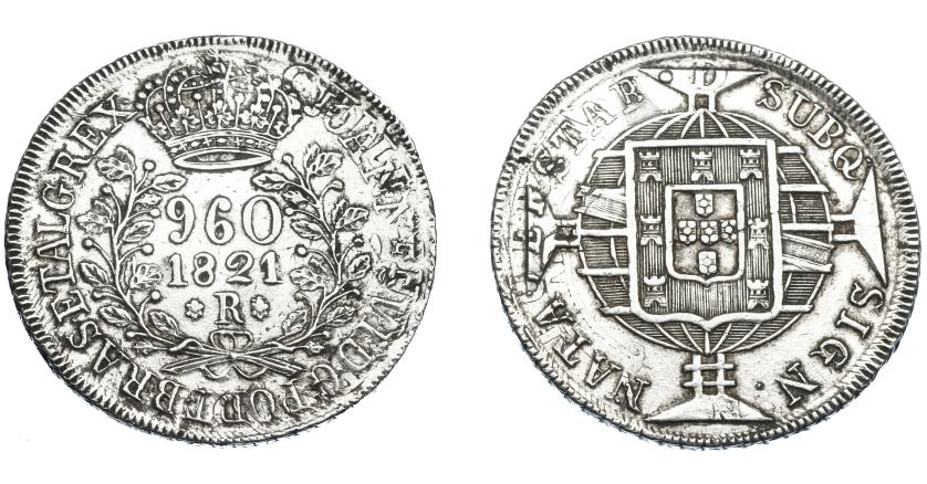 334   -  MONEDAS EXTRANJERAS. BRASIL. 960 Reis. 1821 (R). Reacuñados sobre peso de Chile, tipo volcán y columna. KM-326.1. MBC- Muy escasa. 