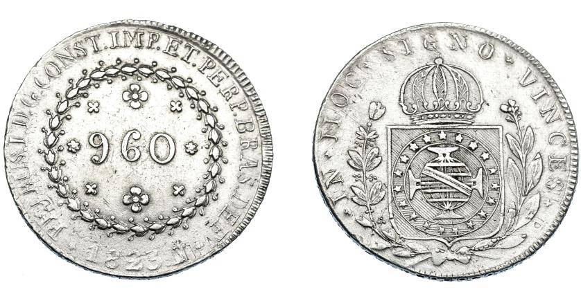 335   -  MONEDAS EXTRANJERAS. BRASIL. 960 Reis. 1823 (R). Reacuñados sobre 8 reales de Fernando VII de Lima (JP). Km- 368.1. MBc.