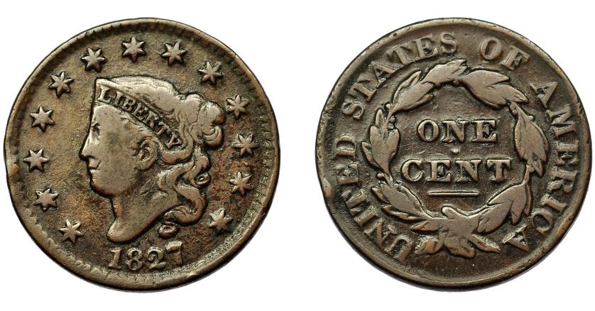 346   -  MONEDAS EXTRANJERAS. ESTADOS UNIDOS. Centavo. 1827. KM-45. BC+. 