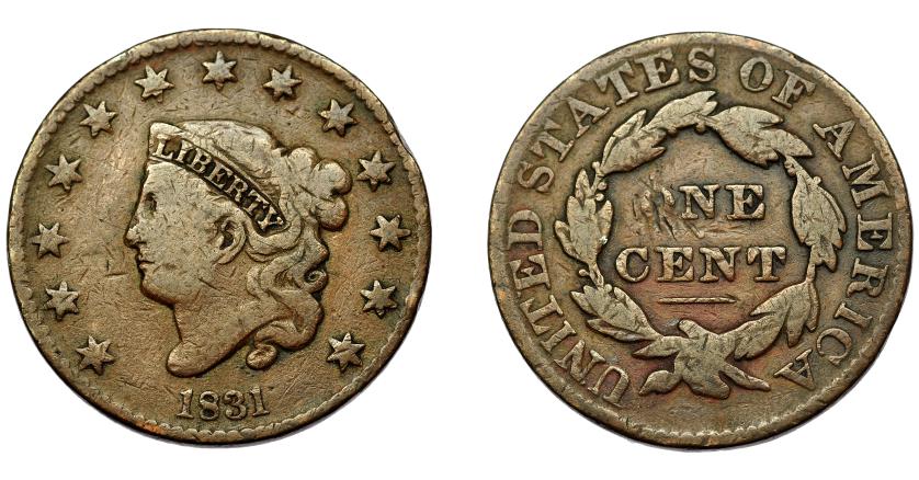 347   -  MONEDAS EXTRANJERAS. ESTADOS UNIDOS. Centavo. 1831. KM-45. Rayitas en rev. BC.