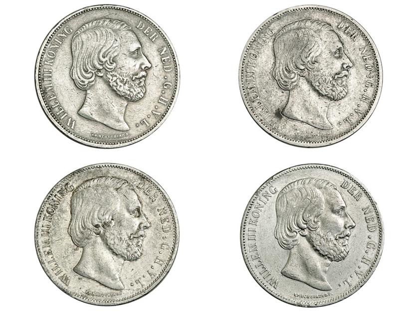 371   -  MONEDAS EXTRANJERAS. HOLANDA. Lote de 4 monedas de 2 1/2 gulden. 1869, 1872, 1873 y 1874. MBC/MBC+.
