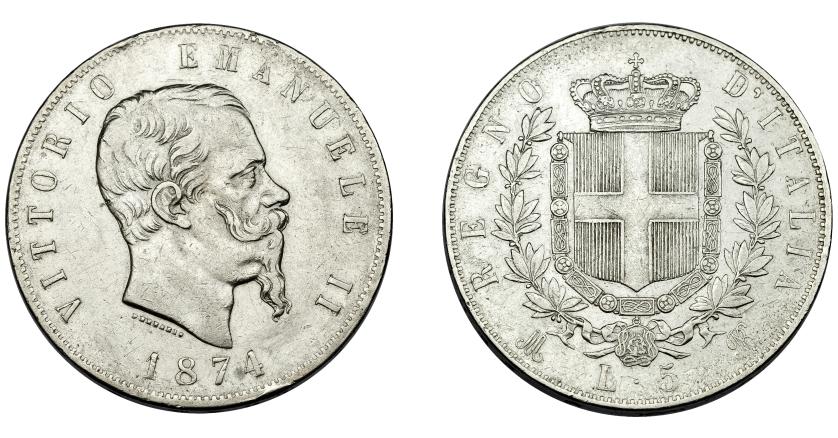 373   -  MONEDAS EXTRANJERAS. ITALIA. Víctor Manuel II. 5 liras. 1874. Milán. KM-8.3. MBC.