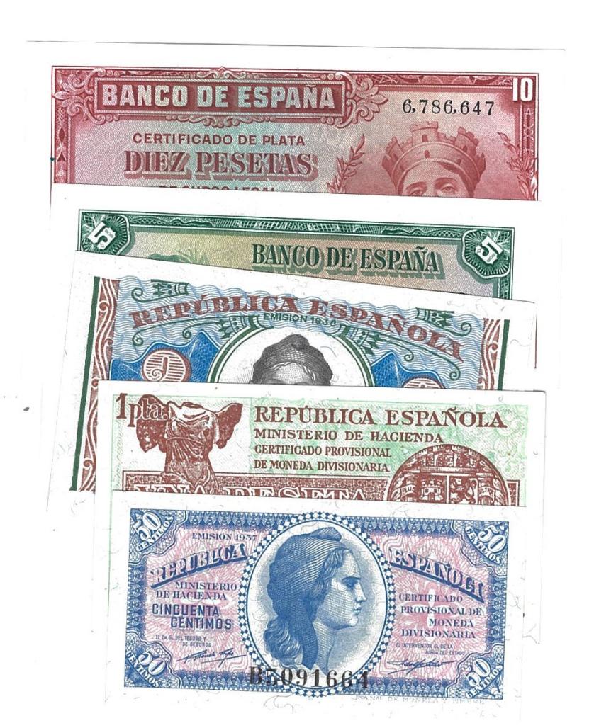 397   -  BILLETES ESPAÑOLES. BANCO DE ESPAÑA. Lote de 5 billetes de la República.1935-1937.50 céntimos, 1, 2, 5 y 10 pesetas SC.
