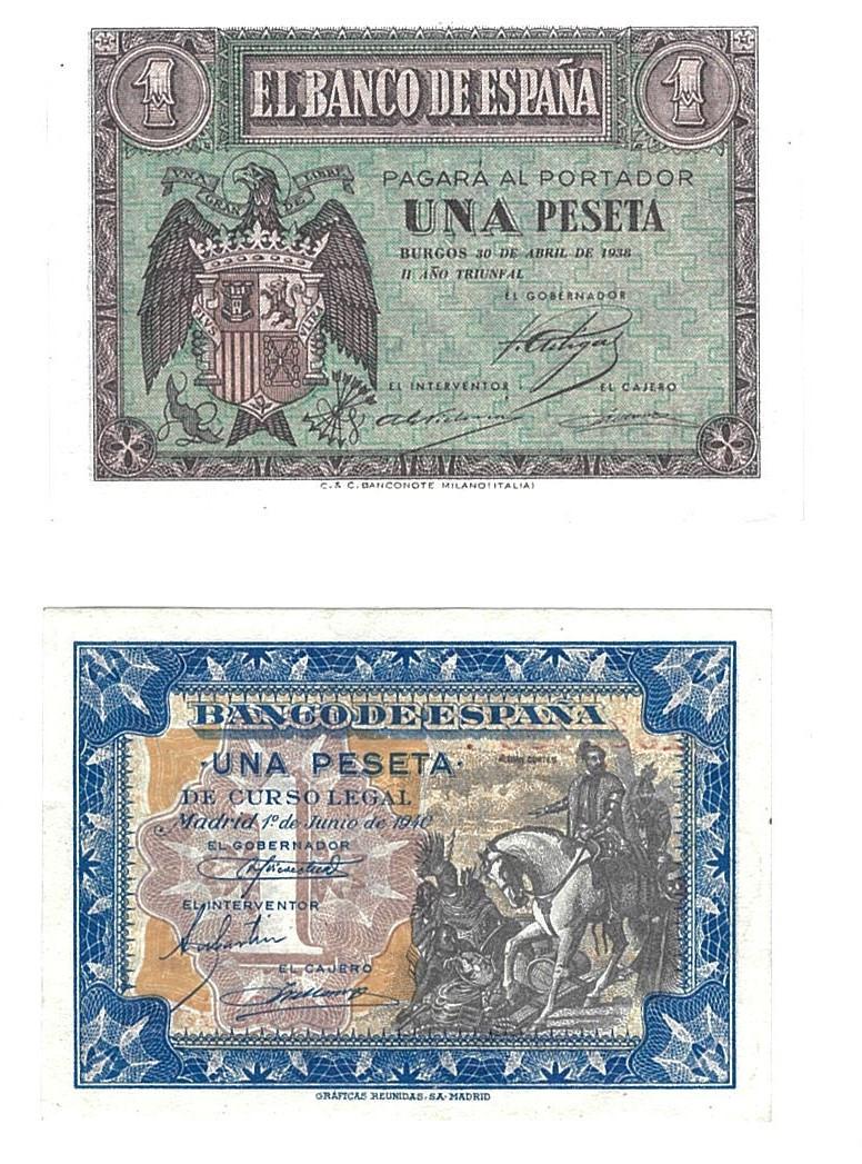 399   -  BILLETES ESPAÑOLES. BANCO DE ESPAÑA. Lote de 2 billetes de 1 peseta del 4-1938 Serie H; y del 6-1940, Serie D. ED-D-29a y 42a. SC.