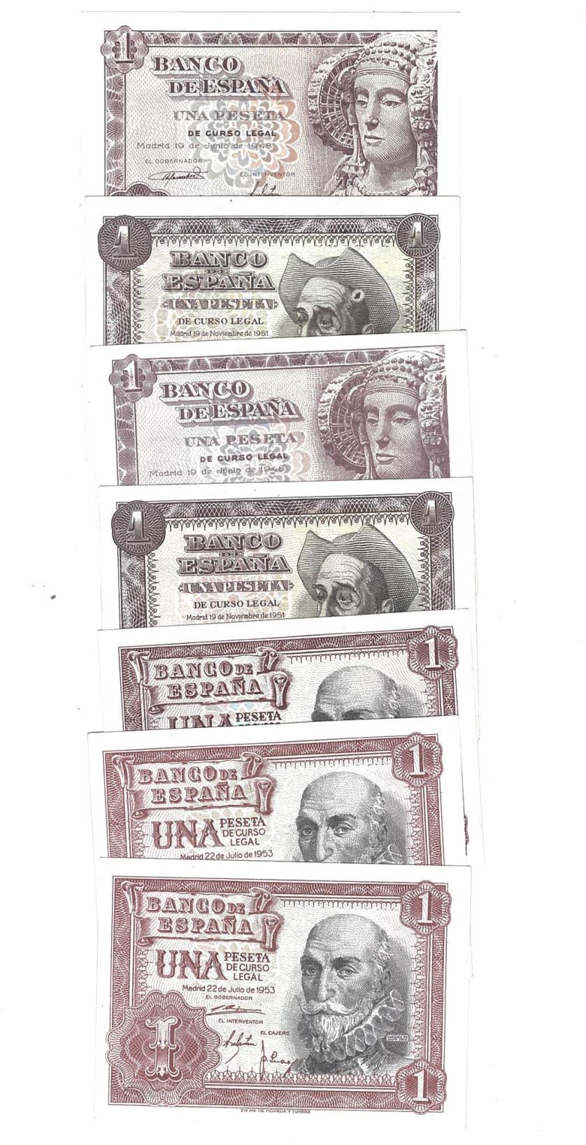 400   -  BILLETES ESPAÑOLES. BANCO DE ESPAÑA. Lote de 7 billetes de 1 peseta. 6-1948 sin serie y Serie K (SC). 11-1951 sin serie y Serie L (SC y EBC). 7-1953 sin serie y Serie P (SC). 