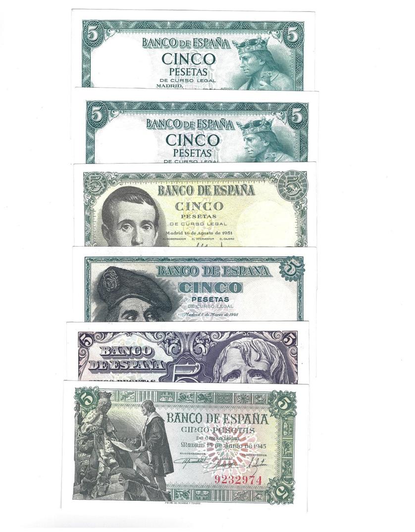 401   -  BILLETES ESPAÑOLES. BANCO DE ESPAÑA. Lote de 6 billetes de 5 ptas sin serie. 6-1945 ED-D50 ; 4-1947 ED-D55; 3-1948 ED-D56; 8-1951 ED- D60; 7-1954(2) ED- D67.  SC.