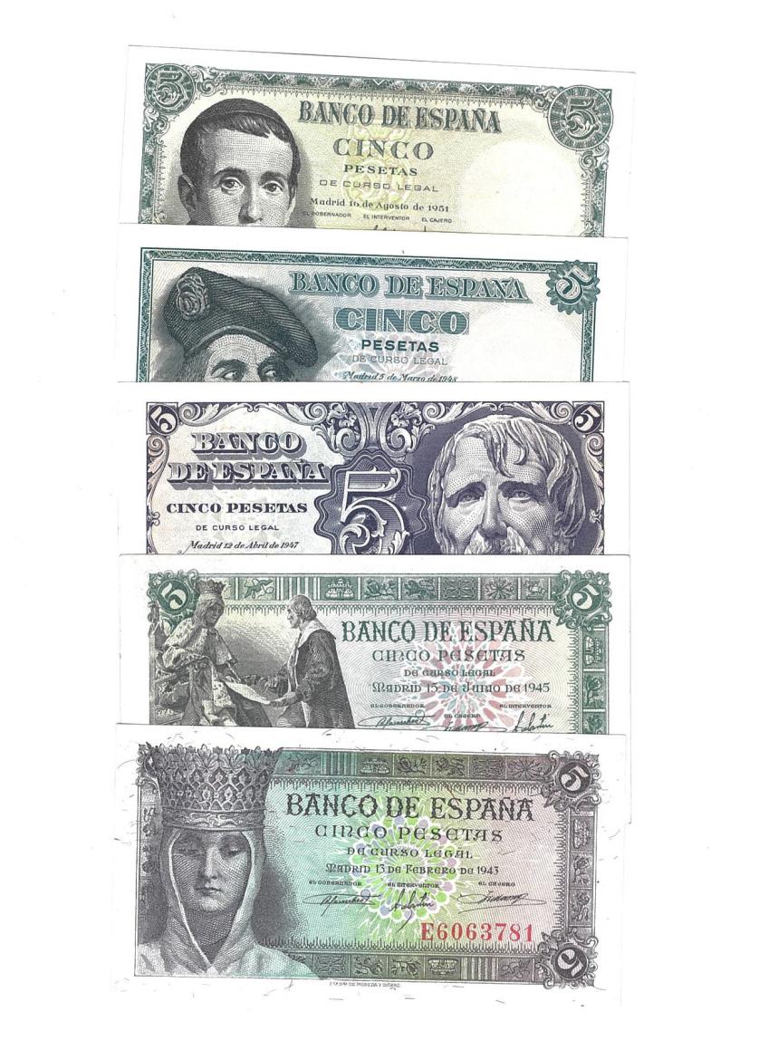 402   -  BILLETES ESPAÑOLES. BANCO DE ESPAÑA. Lote de 5 billetes de 5 ptas. 2-1943 Serie E; 6- 1945 Serie D; 4-1947 Serie A; 3-1948 Serie E; 8-1951 Serie G. ED- D47a, 50a, 55a, 56a, 60a. SC.