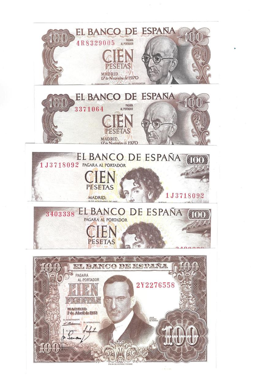 404   -  BILLETES ESPAÑOLES. BANCO DE ESPAÑA. Lote de 5 billetes de 100 ptas. 4-1953 Serie 2Y, 11-1965 (2), sin serie y Serie 1J; y 11-1970 (2), sin serie y Serie 4R. ED- D72 y 72a. SC