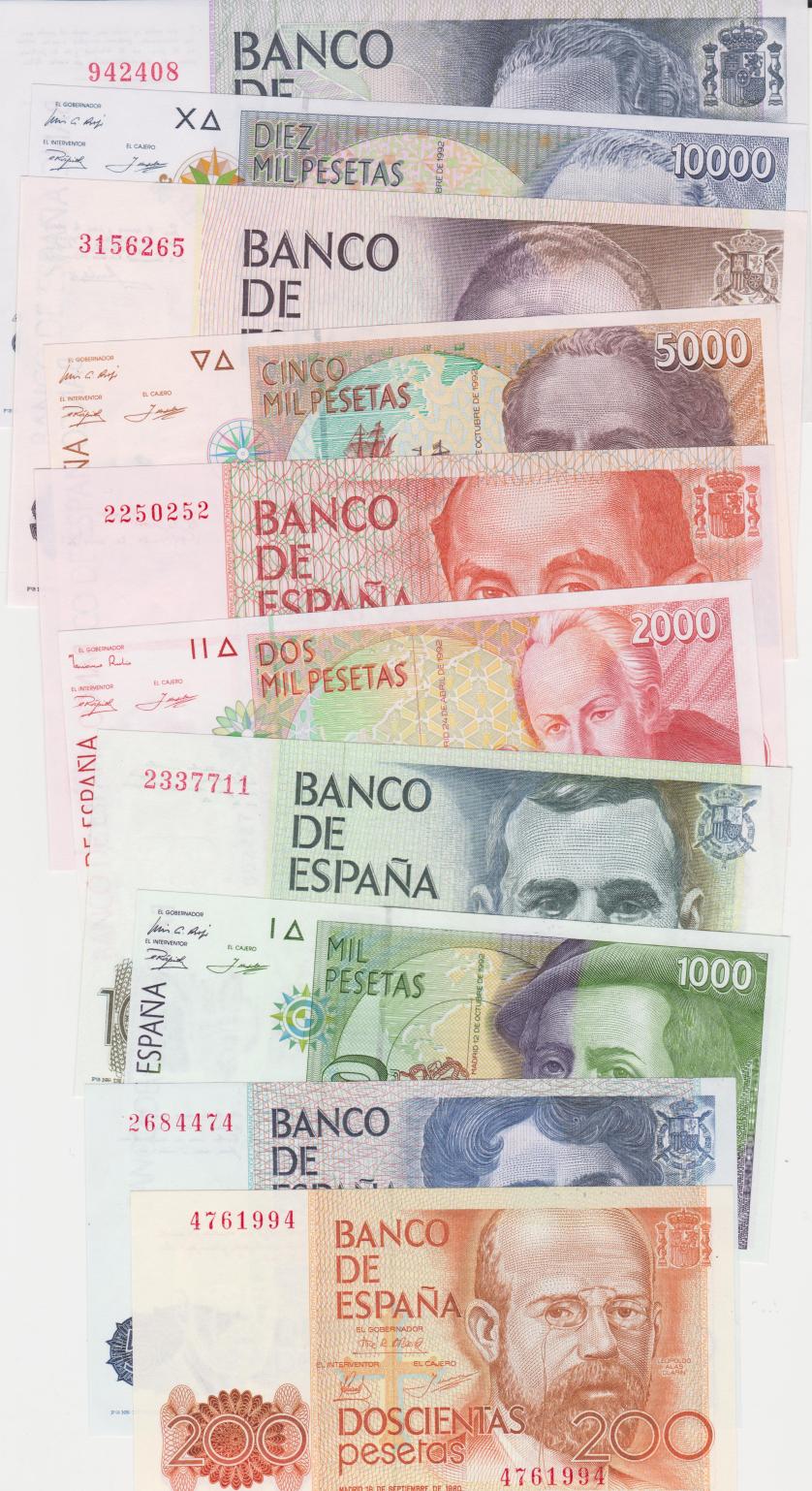 406   -  BILLETES ESPAÑOLES. BANCO DE ESPAÑA. Lote de 10 billetes sin serie. 1000 ptas. 1985 y 1992; 5000 ptas. 1979 y 1992; 2000 ptas. 1980 y 1992; 1000 ptas. 1979 y 1992; 500 ptas. 1979; 200 ptas. 1980. SC. 