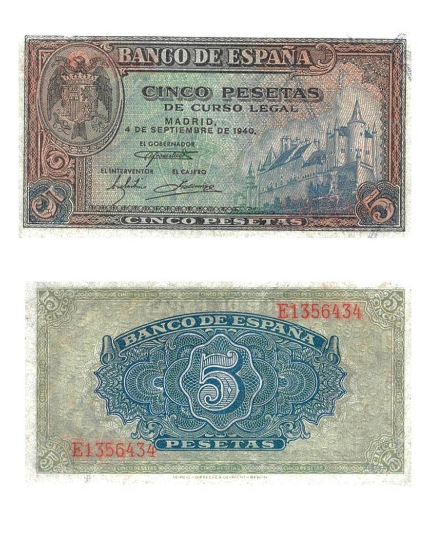 416   -  BILLETES ESPAÑOLES. BANCO DE ESPAÑA. 5 Pesetas. 9-1940. Serie E. ED-D44a. S.C.