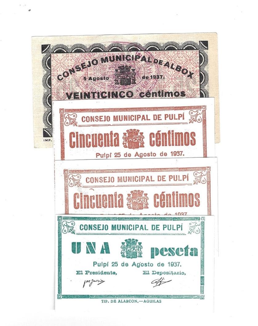 432   -  BILLETES LOCALES. Lote de 4 billetes. 25 céntimos sin fecha ni firmasConsejo Municipal de Albox. MG-63 A. EBC+. Consejos Municipal de Pulpí. 8-1937. 50 céntimos (2), SC y EBC; y 1 peseta sin circular. MG-1206 B (2) y C. 