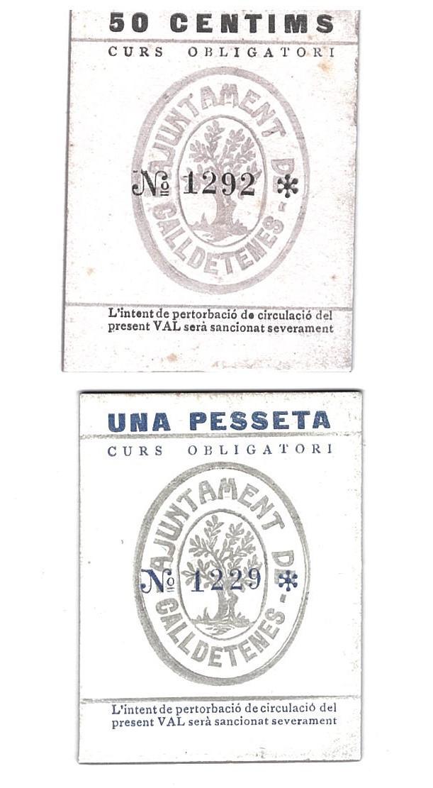 438   -  BILLETES LOCALES. Lote de 2 billetes.  50 céntimos y 1 peseta. Caldetenes. Sin firma. MG-404 A y B. EE. 