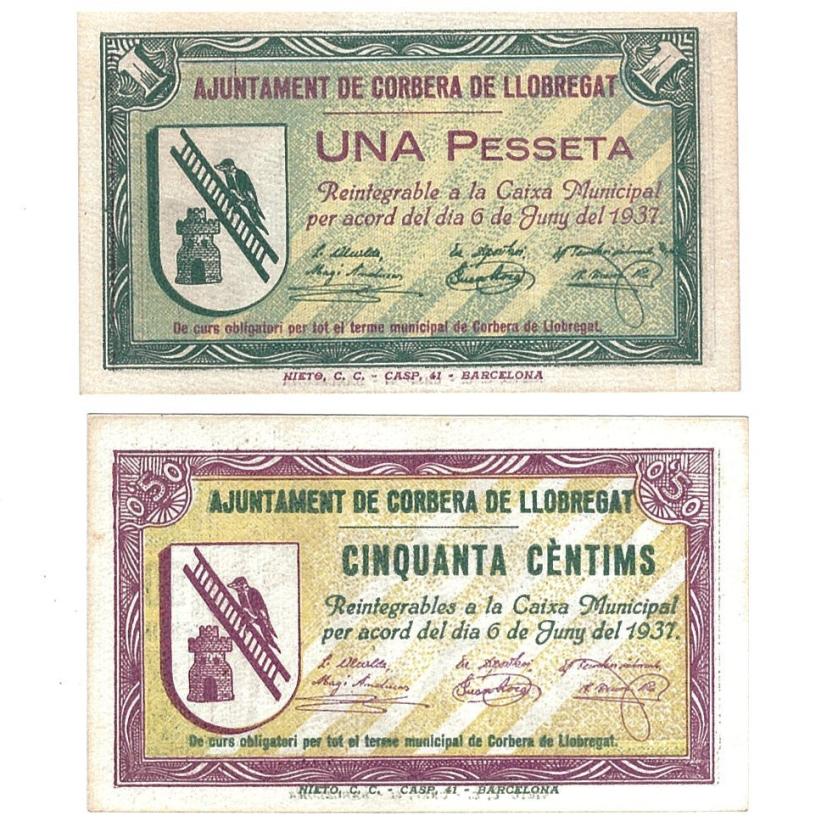 439   -  BILLETES LOCALES. Lote de 2 billetes. 50 céntimos y 1 peseta. Corbera de Llobregat.  6- 1937. mg- 547 A y B. E. EBC+.