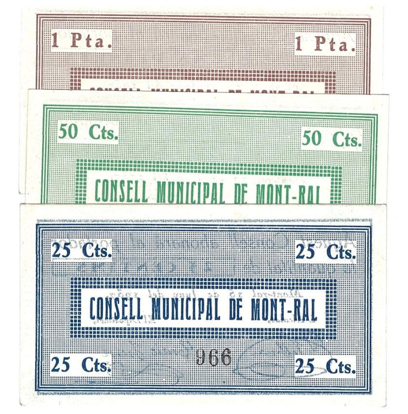 450   -  BILLETES LOCALES. Lote de 3 billetes. 25 céntimos, 50 céntimos y 1 peseta. Consejo Municipal Montral. 6-1937. MG-963. EBC+ a SC.