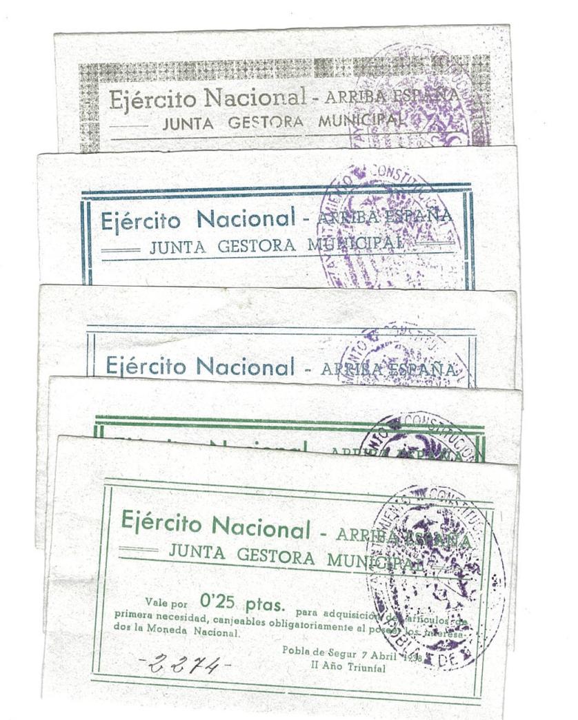 451   -  BILLETES LOCALES. Lote de 5 billetes. 25 céntimos, 1 peseta, 2 pesetas, 5 pesetas y 10 pesetas. Pobla de Segur. 4-1938. MG-1143 F, H, I, J, K. EBC a SC.