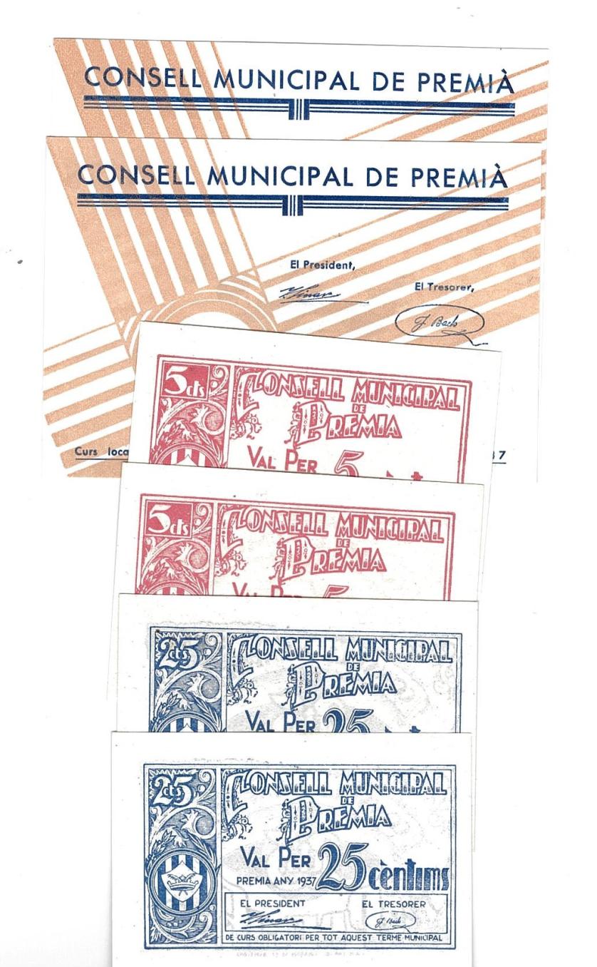 453   -  BILLETES LOCALES. Lote de 6 billetes. 5 céntimos, 25 céntimos y 50 céntimos en parejas correlativas. Consejo Municipal de Premià. 1937. MG-1177 A, C Y D. SC.