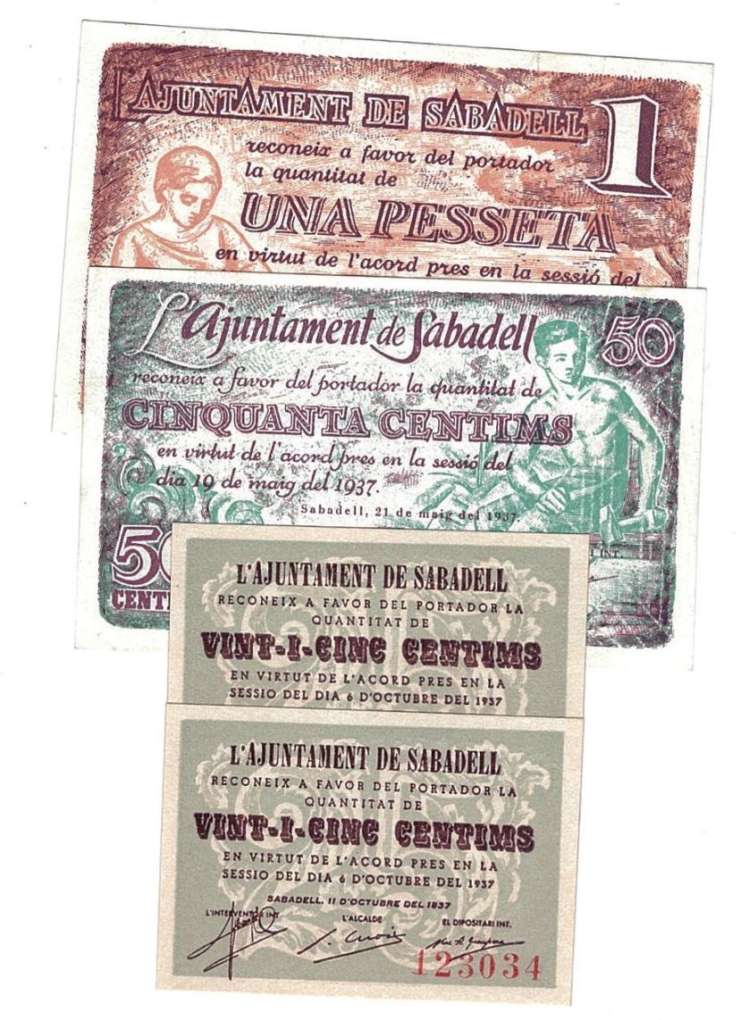 454   -  BILLETES LOCALES. Lote de 4 billetes. 25 céntimos en pares correlativos, 50 céntimos, 1 peseta. Sabadell. MG-1285 A, B y C (2). MBC+ -SC.