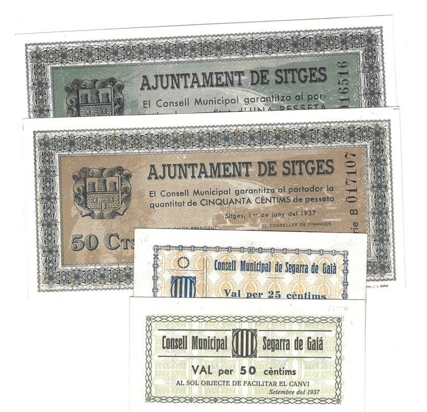 455   -  BILLETES LOCALES. Lote de 4 billetes. 25 céntimos y  50 céntimos. Consejo Municipal de Segarra de Gaia. 9-1937.  MG-1341 A y B SC. 50 céntimos y 1 peseta. Consejo Municipal de Sitges. 6-1937. MG-1372 A y B. SC. 