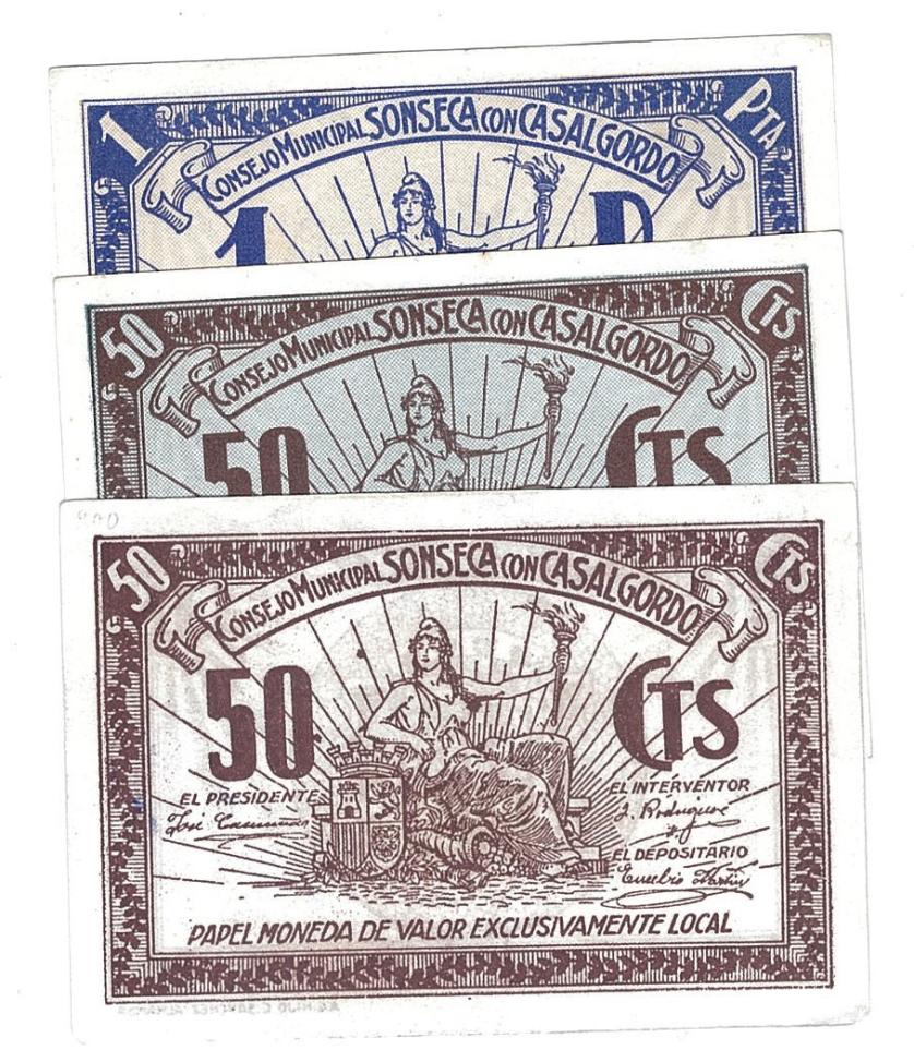 456   -  BILLETES LOCALES. Lote de 3 billetes. 50 céntimos (2) y 1 peseta. Consejo de Sponseca con Casalgordo. Sin firma. MG-1383 B (2) y C. E. EBC+ a SC.