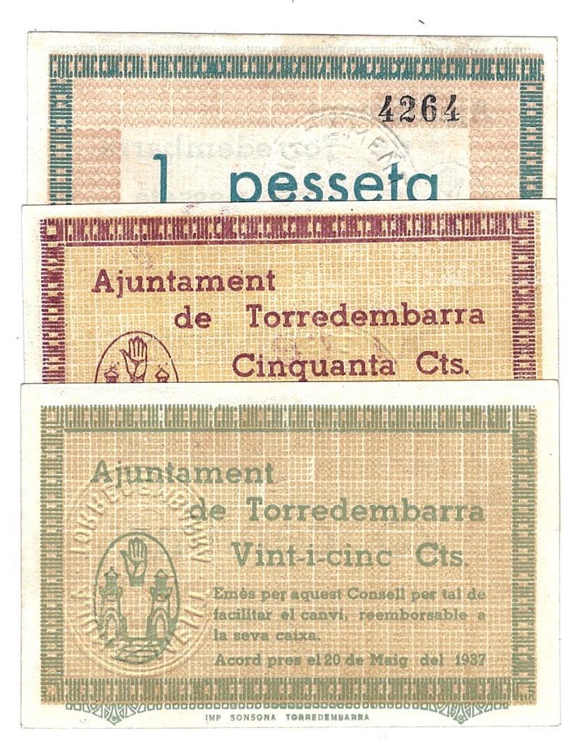 457   -  BILLETES LOCALES. Lote de 3 billetes. 25 céntimos, 50 céntimos y 1 peseta. Torredembarra. MG-453 A, B y C. EBC+ a SC
