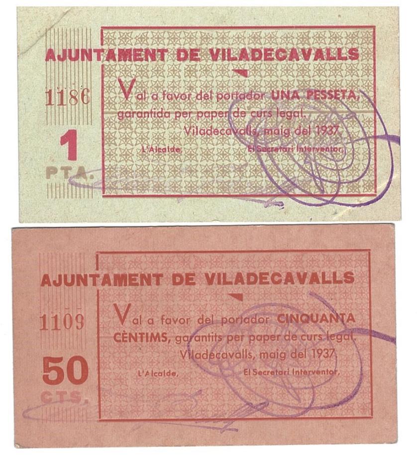 461   -  BILLETES LOCALES. Lote dos billetes Viladecavalls. 5-1937. 50 céntimos y 1 peseta. Sin firma. M-G 1557 A y B. EBC+. SC.