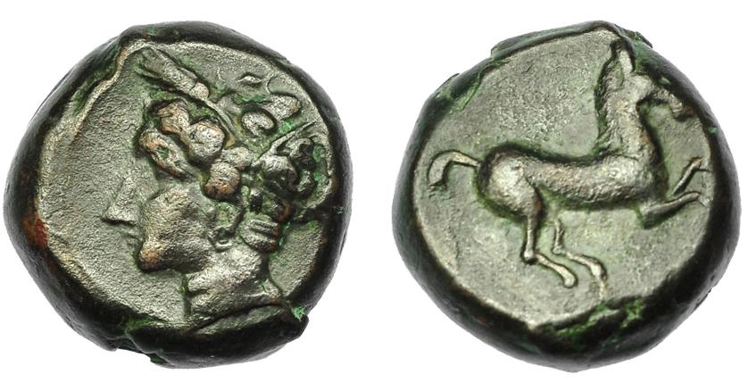 75   -  GRECIA ANTIGUA. SICILIA. Acuñaciones sículo-púnicas. AE (375-350 a.C.). A/ Cabeza de Tanit a izq. R/ Caballo cabalgando a der. AE 5,85g. 15,21 mm. COP-97. MBc.