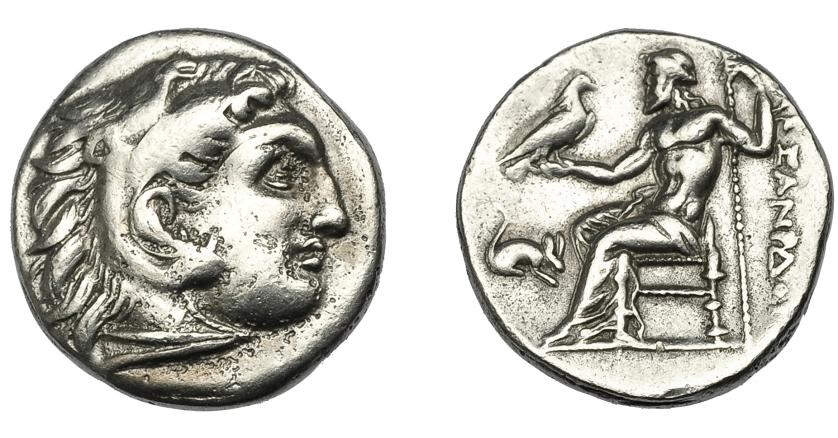 79   -  GRECIA ANTIGUA. MACEDONIA. Antígono I. Dracma. A nombre de Alejandro III. Lampsakos (310-301 a.C.). A/ Cabeza con leonté a der. R/ Zeus entronizado a izq. con águila y cetro; a der. ΑΛEΞANΔPOY, a izq. ratón a der. AR 4,13g. 17,23 mm. PR-1427. COP-981. MBC.