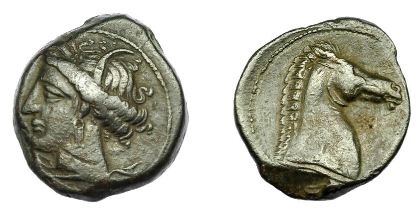 93   -  GRECIA ANTIGUA. ZEUGITANIA. Cartago. Calco (300-264 a.C.). A/ Cabeza de Tanit a izq. R/ Cabeza de caballo a der. AE 5,59 g. 19,89 mm. COP-149. MBC-/MBC.