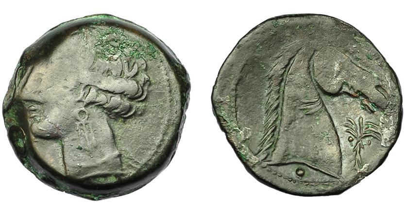 95   -  GRECIA ANTIGUA. ZEUGITANIA. Cartago. Calco (300-264 a.C.). A/ Cabeza de Tanit a izq. R/ Cabeza de caballo a der, delante palmera y debajo punto. AE 5,3 g. 19,92 mm. COP-173-178. Vano. MBC-/MBC.