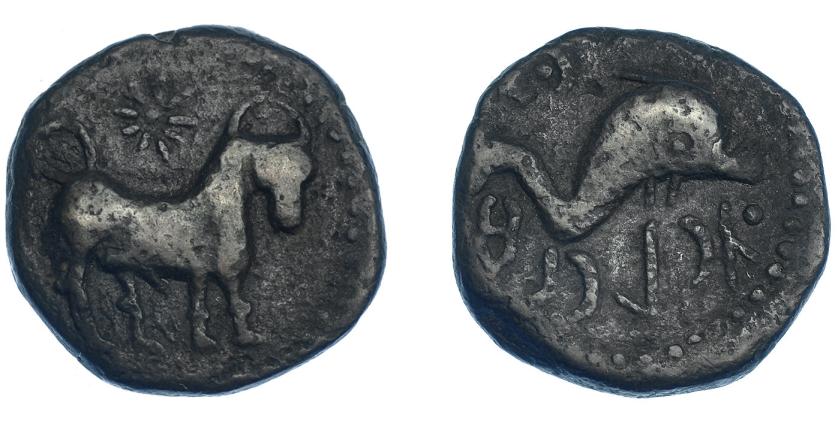 10   -  HISPANIA ANTIGUA. ASIDO. Semis. A/ Toro a der., encima estrella. R/ Delfín a der., encima creciente con glóbulo, debajo caduceo y ´sdnbl. AE 8,80 g. 23,2 mm. I-158. ACIP-914. MBC.