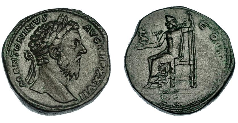 3149   -  IMPERIO ROMANO. MARCO AURELIO. Sestercio. Roma (172-173). A/ Cabeza laureada a der.; M ANTONINVS AVG TR P XXVII. R/ Júpiter sentado a izq. con Victoria y cetro. AE 24,36 g. 31,1 mm. RIC-1063. MBC/MBC-.