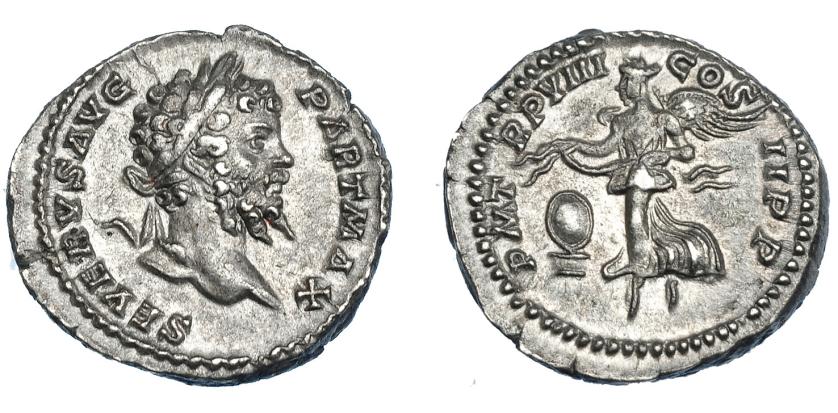 3152   -  IMPERIO ROMANO. SEPTIMIO SEVERO. Denario. Roma (200). A/ Cabeza laureada a der.; SEVERVS AVG PART MAX. R/ Victoria volando a izq. sujetando guirnalda, delante escudo; P M TR P VIII COS II P P. AR 3,31 g. 19,4 mm. RIC-150. EBC-/MBC+.