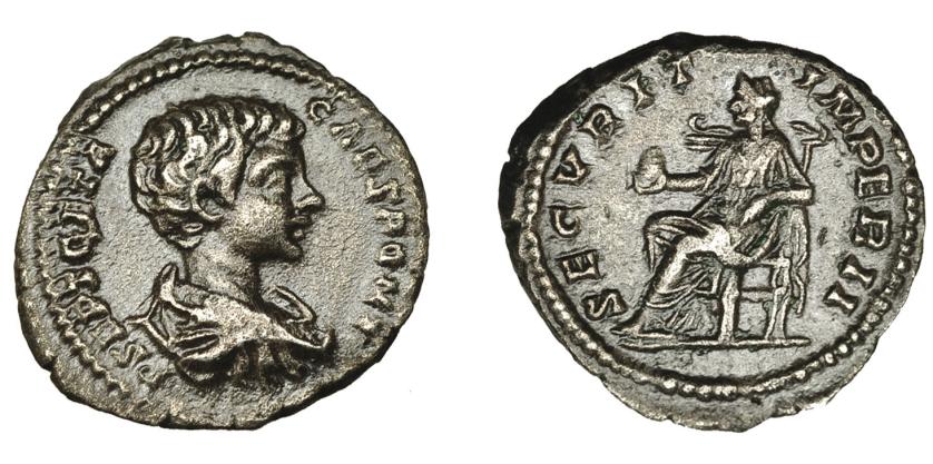 3153   -  IMPERIO ROMANO. GETA. Denario. Roma (199-202). A/ Busto drapeado a der.; P SEPT GETA CAES PONT. R/ Securitas sentada a izq. con globo; SECVRIT IMPERII. Ar 2,94 g. 18,9 mm. RIC-20a. MBC.