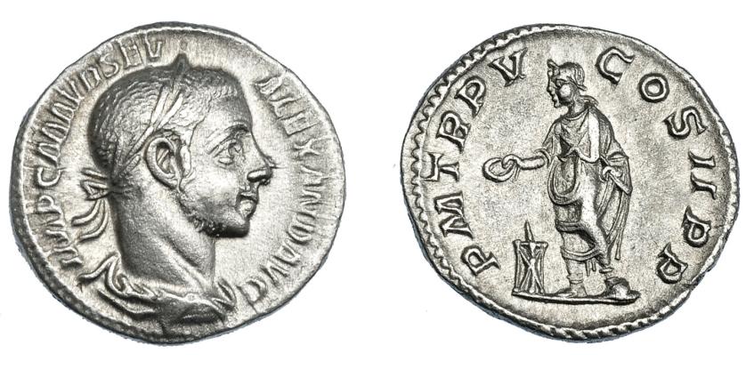 3158   -  IMPERIO ROMANO. ALEJANDRO SEVERO. Denario. Roma (226). A/ Busto laureado y drapeado a der.; IMP C M AVR SEV ALEXAND AVG. R/ El emperador ofrendando en altar a izq.; O M TR P V COS II P P. AR 3,18 g. 18 mm. RIC-55. MBC+. 