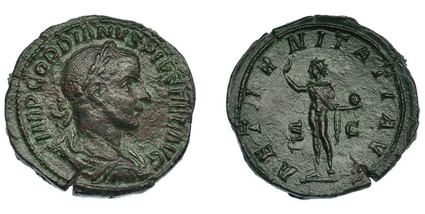 3164   -  IMPERIO ROMANO. GORDIANO III. Sestercio. Roma (240). A/ Busto laureado, drapeado y con coraza a der.; IMP GORDIANVS PIVS FEL AVG. R/ Sol con mano der. levantada y globo; AETERNITATI AVG, S-C. AE 22,08 g. 14,3 mm. RIC-297a. Pátina marrón rugosa. MBC/MBC+.