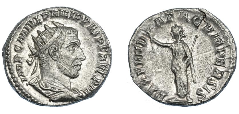 3165   -  IMPERIO ROMANO. FILIPO I. Antoniniano. Antioquía (244-246). A/ Busto radiado, drapeado y acorazado a der.; IMP C M IVL PHILIPPVS P F AVG P M. R/ Pax a izq. con cetro y rama; PAX FVNDATA CVM PERSIS. VE 4,43 g. 27,6 mm. RIC-69. EBC(MBC+.